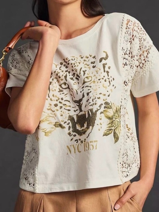 Tops - Pilcro Leopard Print Graphic T-Shirt Crochet Crew Short Sleeves Cotton (Box I)